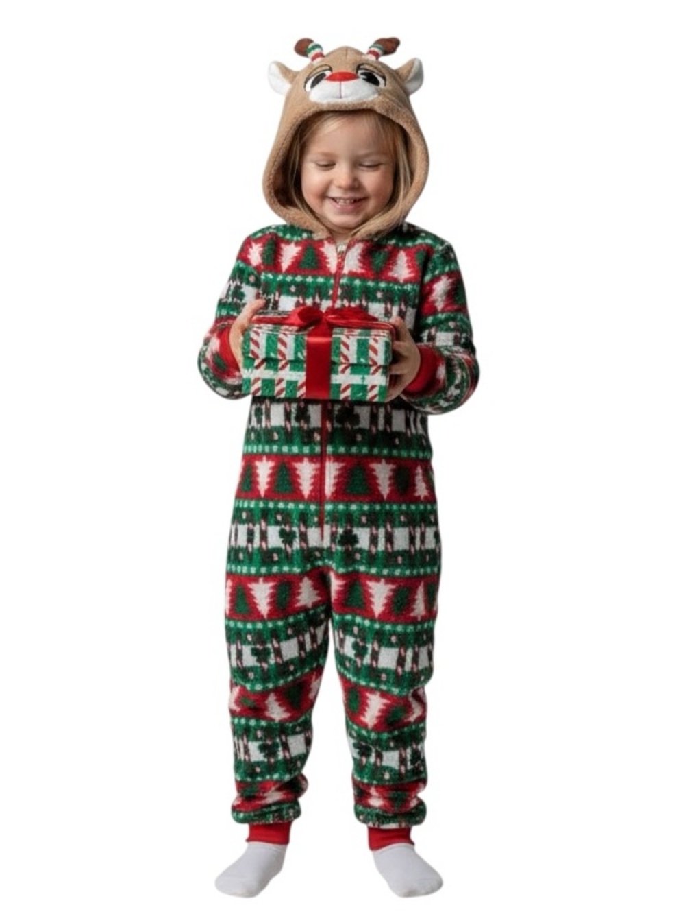 Kids Holiday Reindeer Hoodie One Piece Pajamas Size 2/3 Unisex Red/ Green/ White